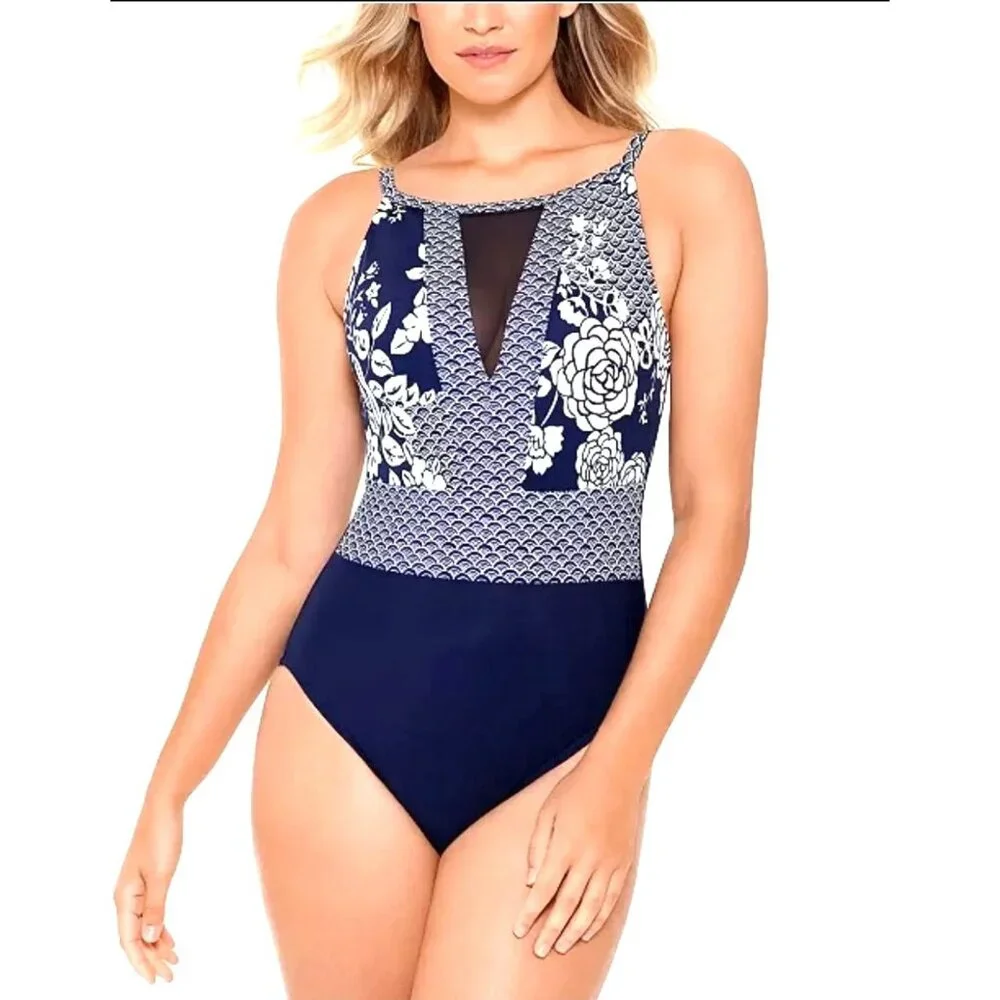 Swim Solutions 8 One-piece Swimwear Rosie Nauti High-Neck Mio Mesh Swimsuit - Picture 6 of 10